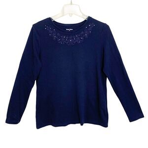 Studio Works T-Shirt Top Women’s Size Medium Navy Blue Silver Studs Long Sleeve